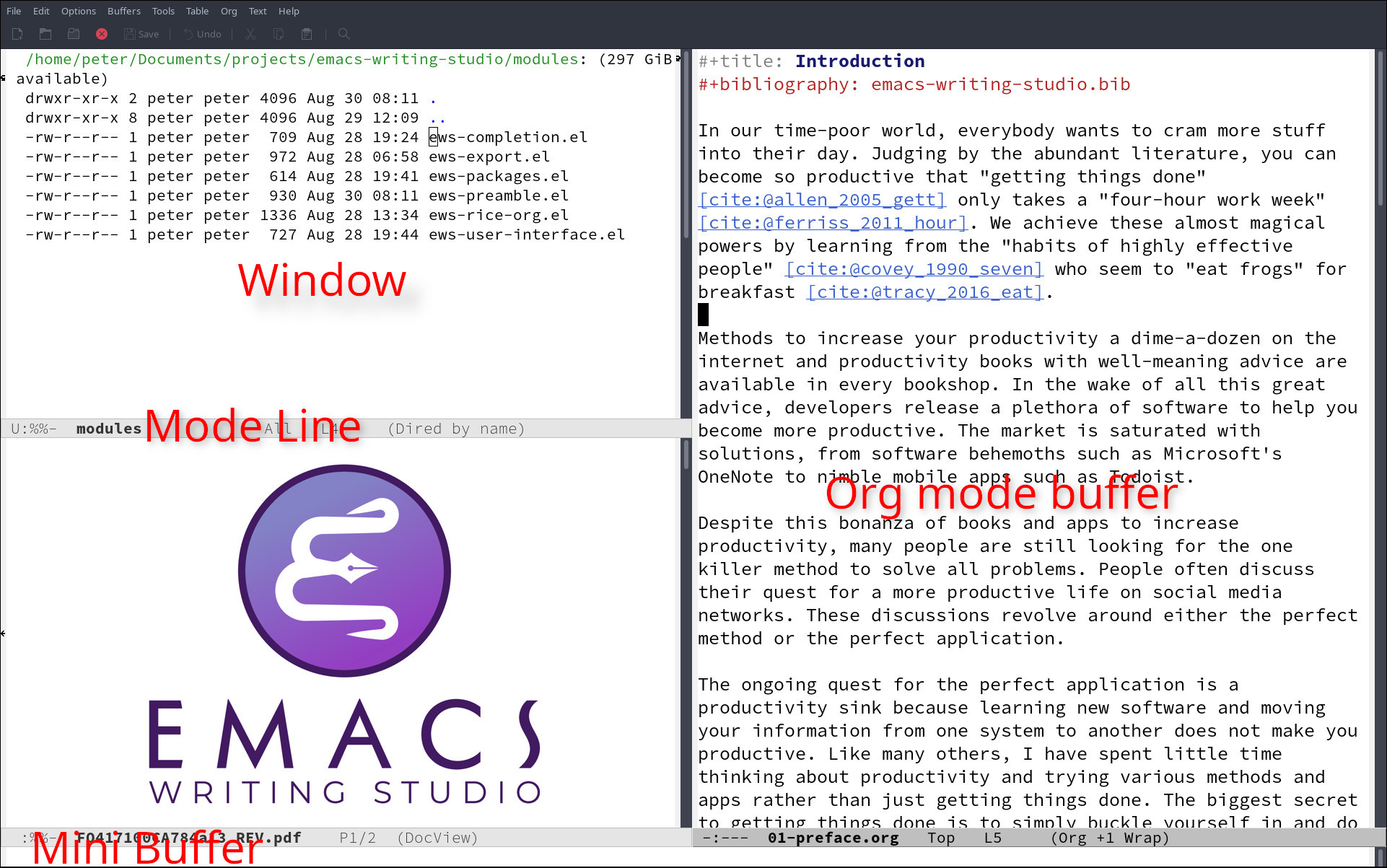 Emacs 프레임 세 개의 윈도우